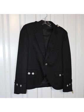 Men's Argyle Kilt Jacket Black with Silver Buttons Size 36R Wool EUC Lined